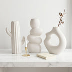 White Nordic Minimalist Ceramic Vase Set | Donut, Bubble &amp; Cactus | Set of 3