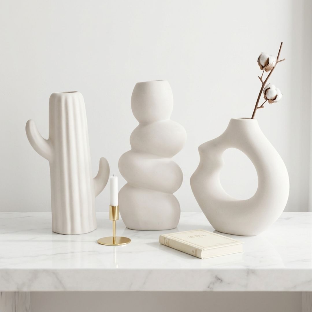 White Nordic Minimalist Ceramic Vase Set | Donut, Bubble &amp; Cactus | Set of 3