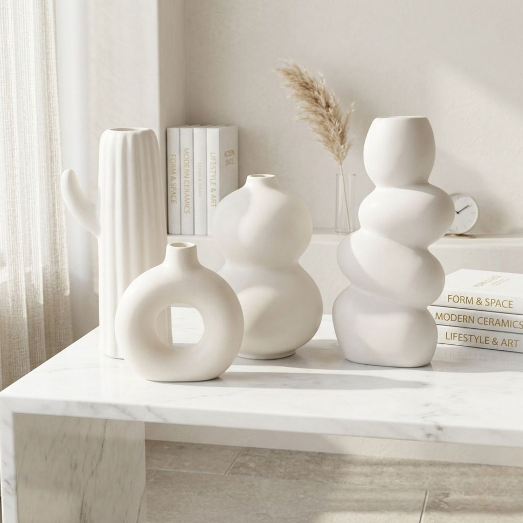 White Speckled Ceramic Vase Set | Donut, Bubble, Twisted &amp; Cactus | Set of 4