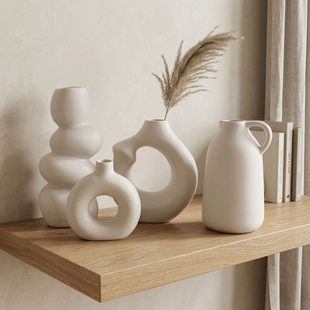White Nordic Minimalist Ceramic Vase Set | Donut, Arch, Bubble &amp; Jug | Set of 4