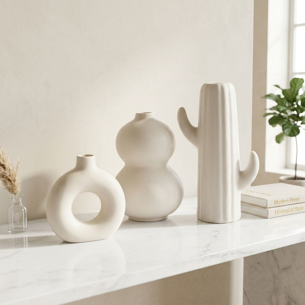 White Nordic Minimalist Ceramic Vase Set | Donut &amp; Abstract | Set of 3