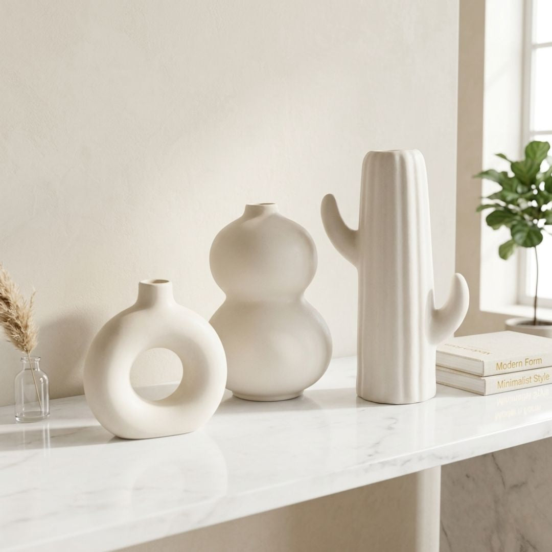 White Nordic Minimalist Ceramic Vase Set | Donut &amp; Abstract | Set of 3