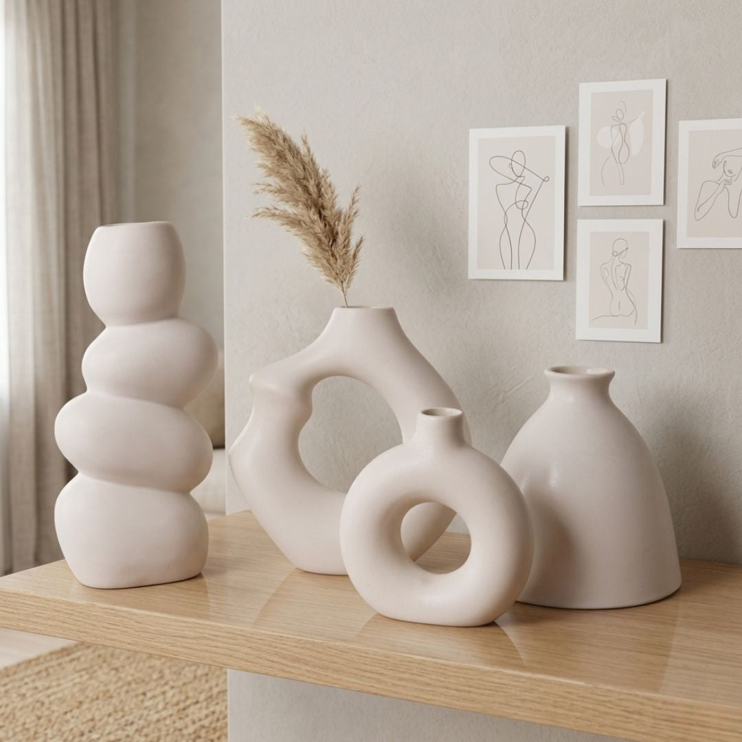 White Modern Nordic Sculptural Ceramic Vase Set | Set of 4