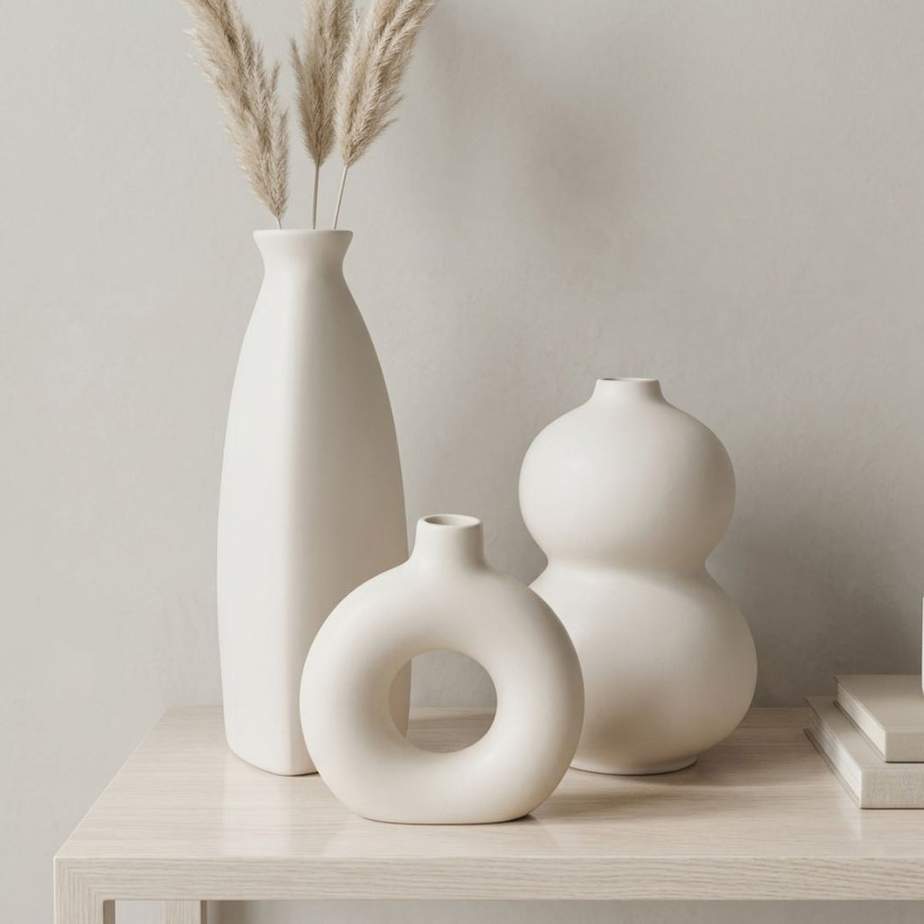 White Nordic Minimalist Ceramic Vase Set-Donut, Bottle &amp; Bubble-Set of 3