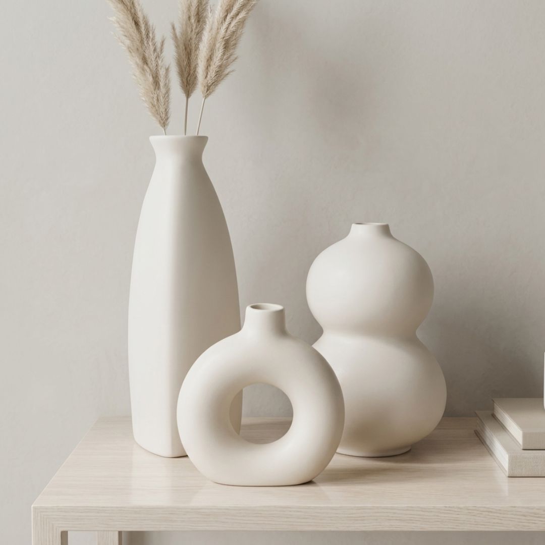 White Nordic Minimalist Ceramic Vase Set-Donut, Bottle &amp; Bubble-Set of 3