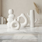 White Minimalist Ceramic Vase Set | Donut, Bubble &amp; Cactus | Set of 4
