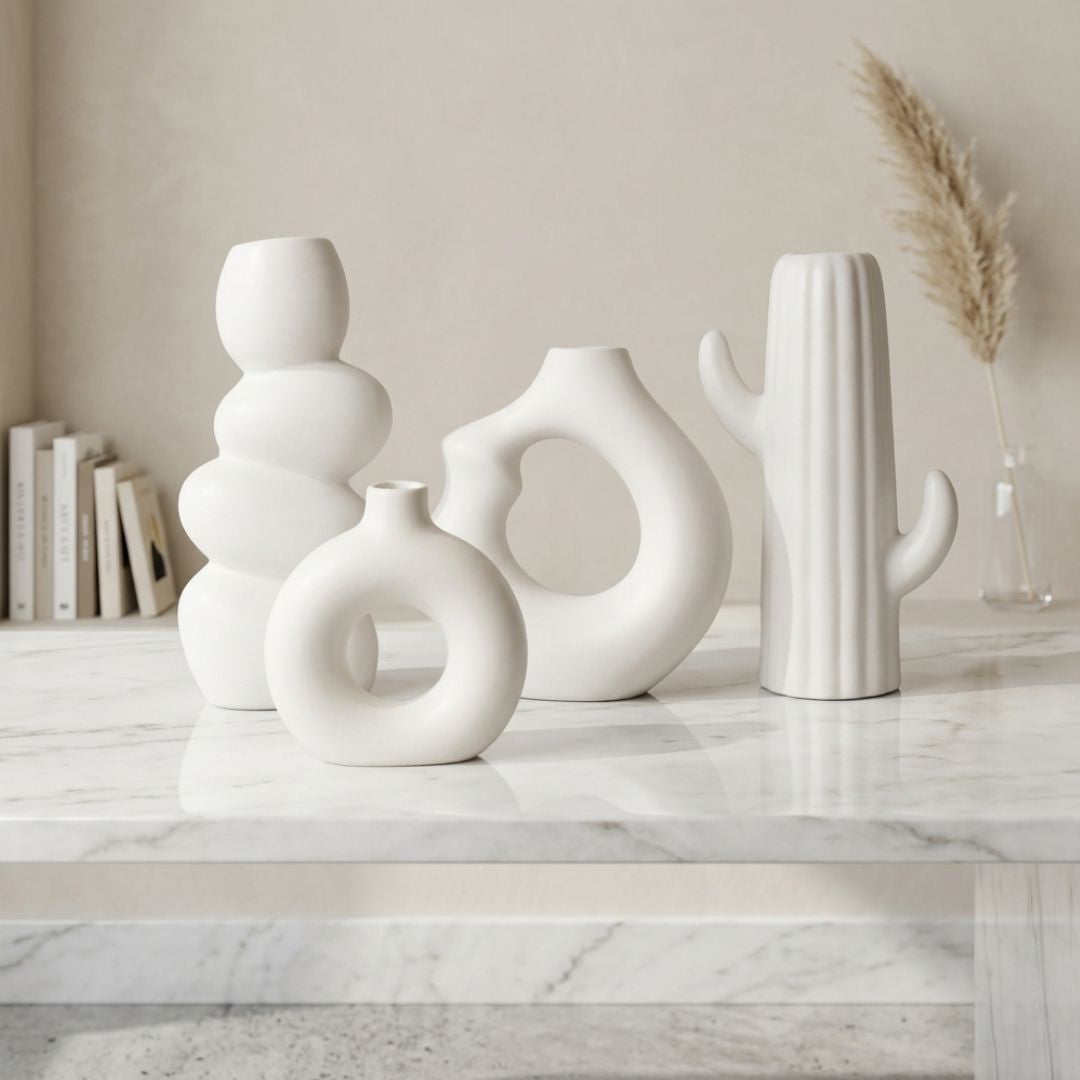 White Minimalist Ceramic Vase Set | Donut, Bubble &amp; Cactus | Set of 4