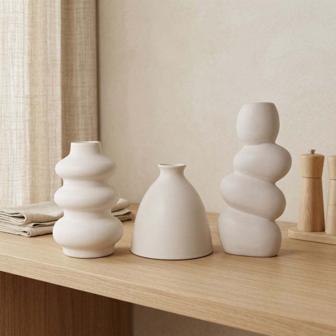 White Nordic Minimalist Ceramic Vase Set - Bubble &amp; Bottle - Set of 3