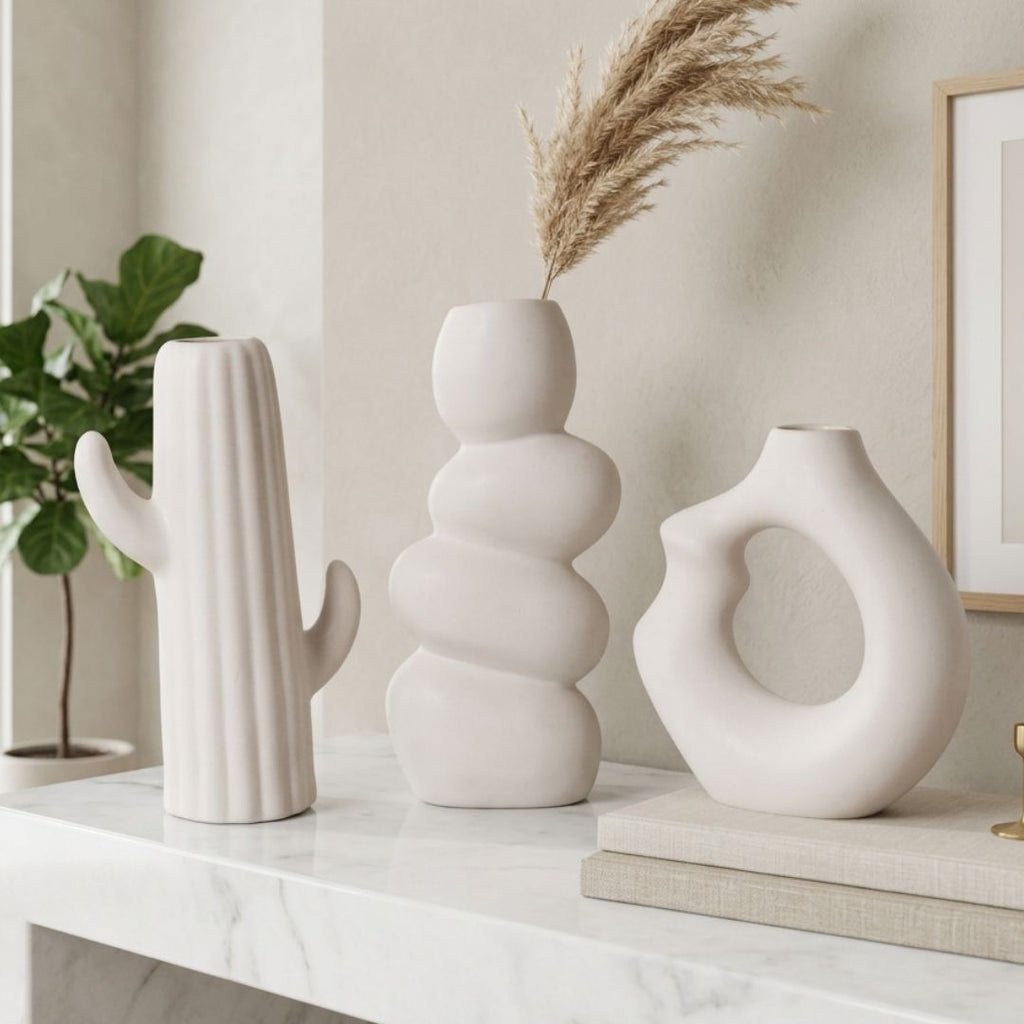 White Nordic Minimalist Ceramic Vase Set | Donut, Bubble &amp; Cactus | Set of 3