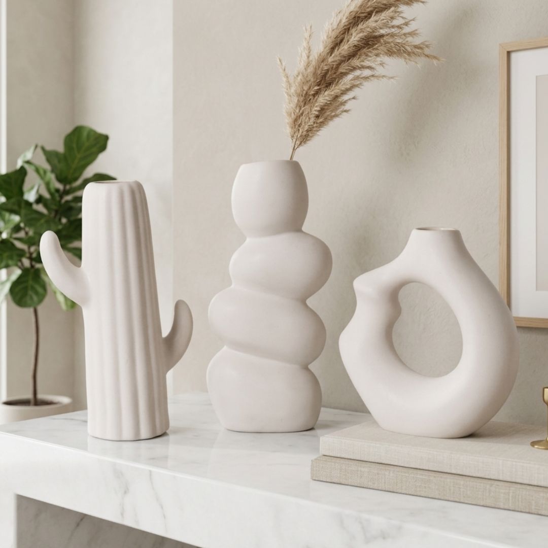 White Nordic Minimalist Ceramic Vase Set | Donut, Bubble &amp; Cactus | Set of 3