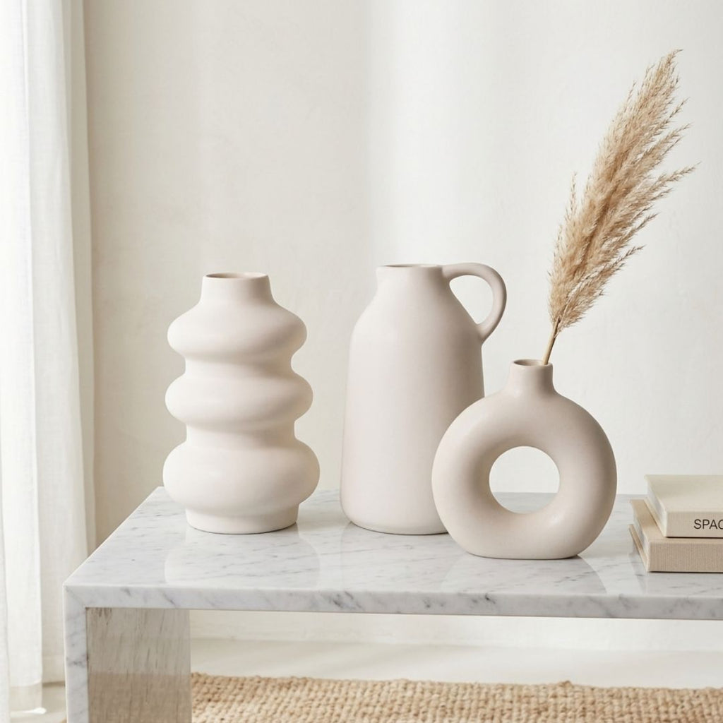 White Nordic Minimalist Ceramic Vase Set | Set of 3