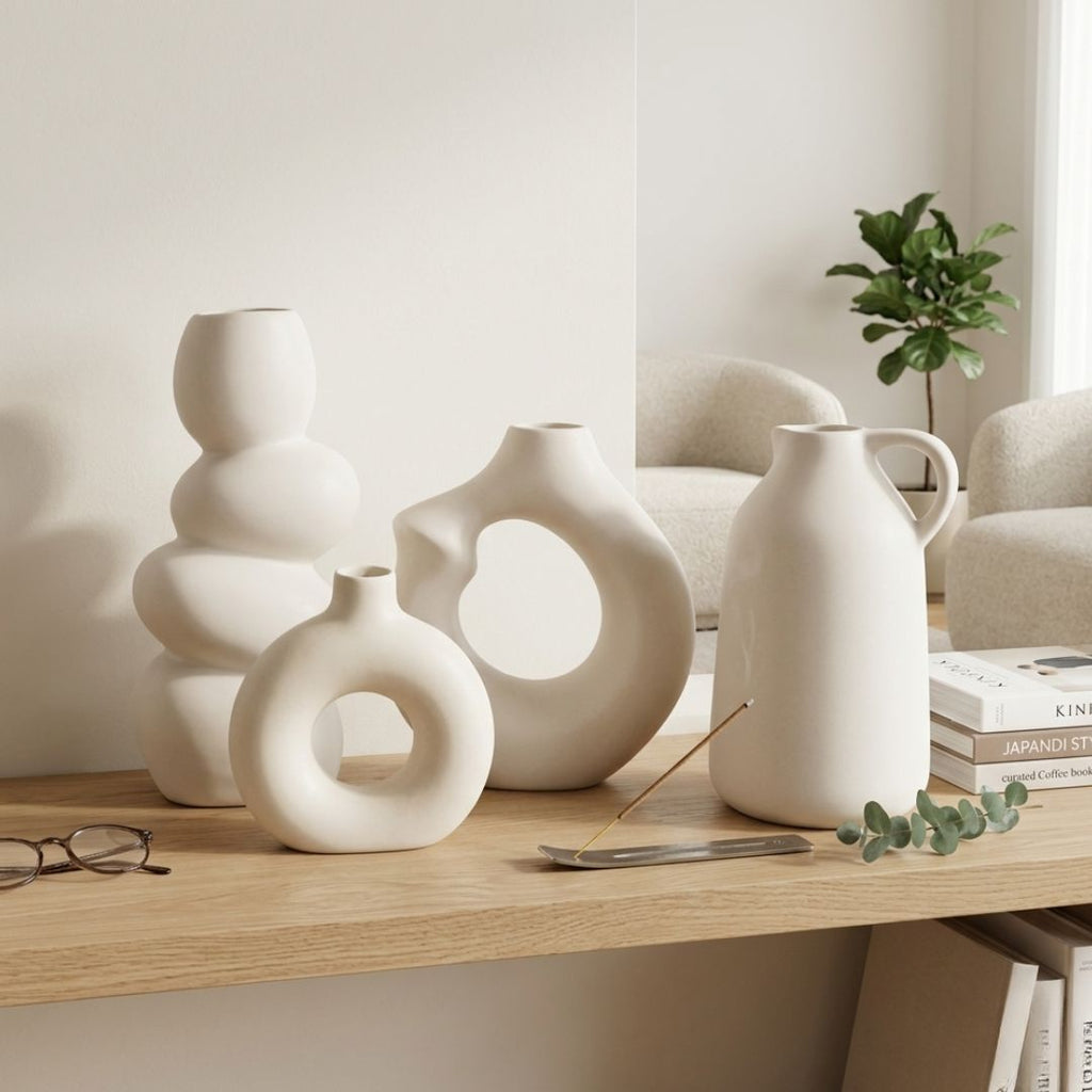 White Nordic Minimalist Ceramic Vase Set | Donut, Arch, Bubble &amp; Jug | Set of 4