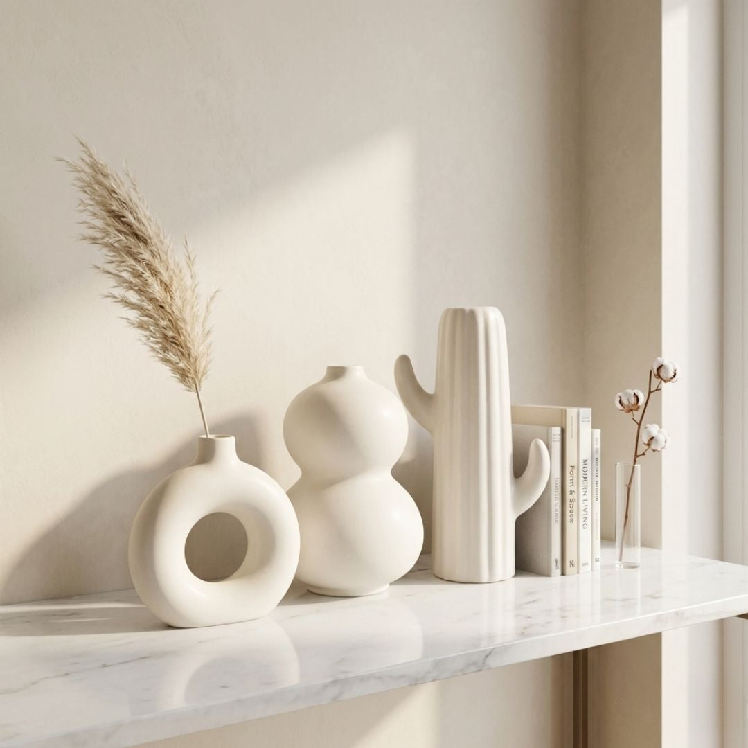 White Nordic Minimalist Ceramic Vase Set | Donut &amp; Abstract | Set of 3