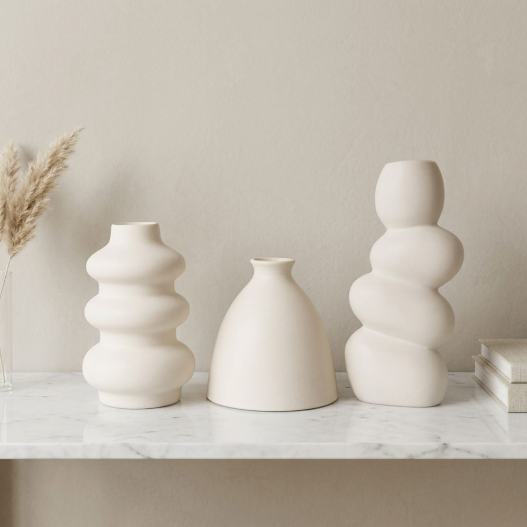 White Nordic Minimalist Ceramic Vase Set - Bubble &amp; Bottle - Set of 3