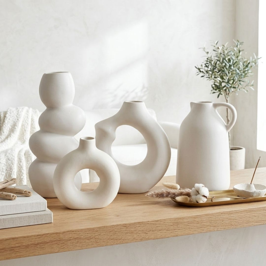 White Nordic Minimalist Ceramic Vase Set | Donut, Arch, Bubble &amp; Jug | Set of 4