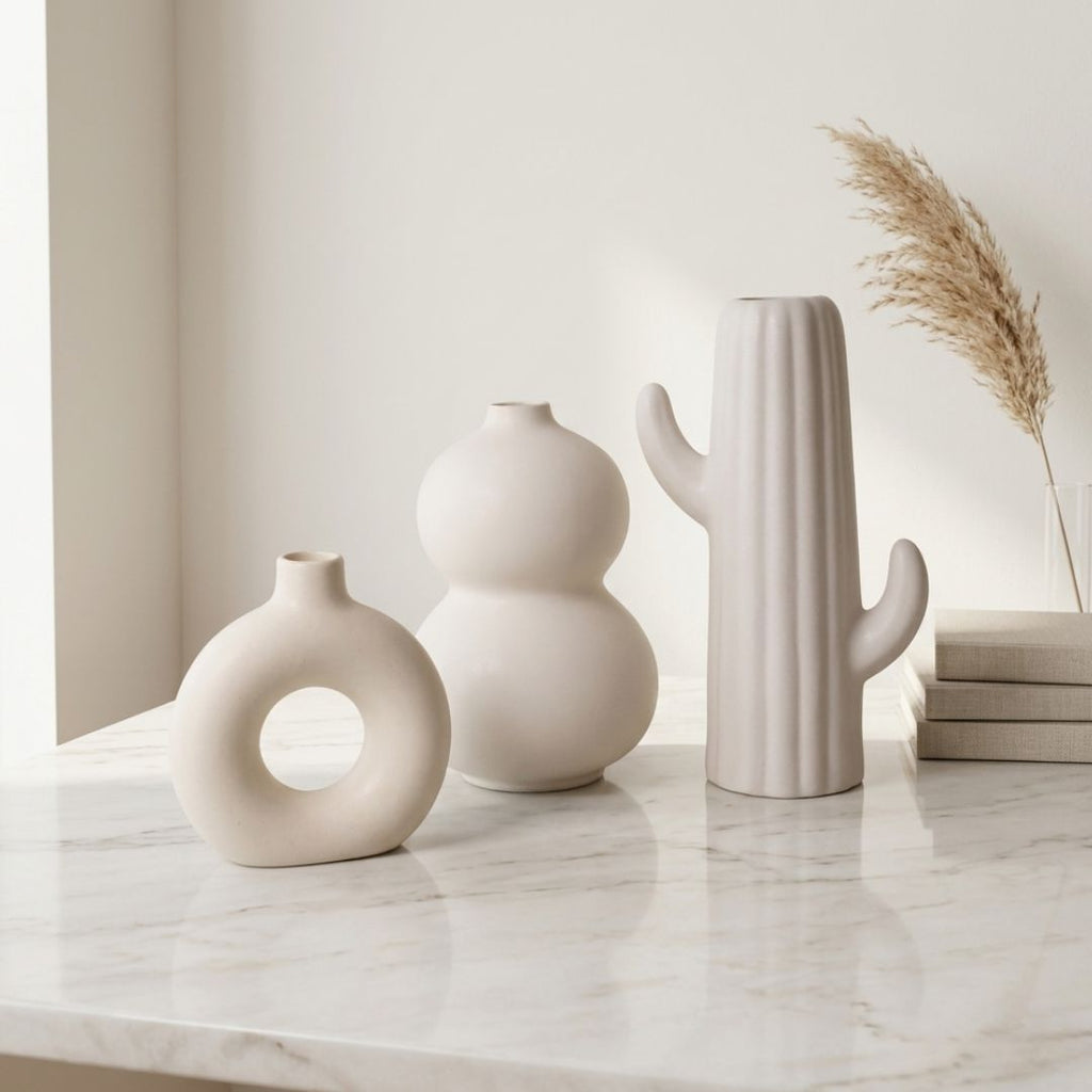White Nordic Minimalist Ceramic Vase Set | Donut &amp; Abstract | Set of 3