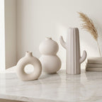 White Nordic Minimalist Ceramic Vase Set | Donut &amp; Abstract | Set of 3