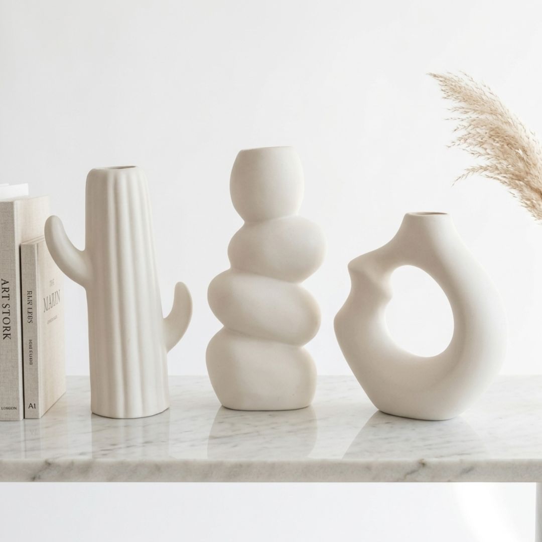 White Nordic Minimalist Ceramic Vase Set | Donut, Bubble &amp; Cactus | Set of 3
