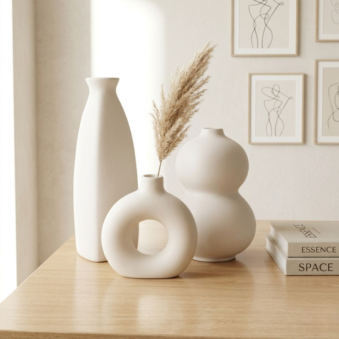 White Nordic Minimalist Ceramic Vase Set-Donut, Bottle &amp; Bubble-Set of 3