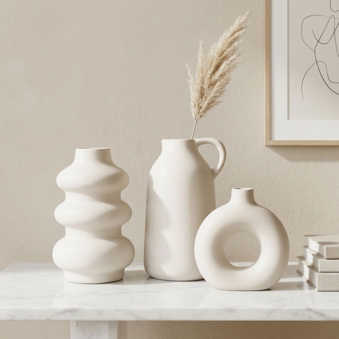 White Nordic Minimalist Ceramic Vase Set | Set of 3