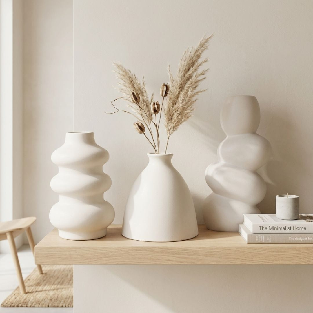 White Nordic Minimalist Ceramic Vase Set - Bubble &amp; Bottle - Set of 3