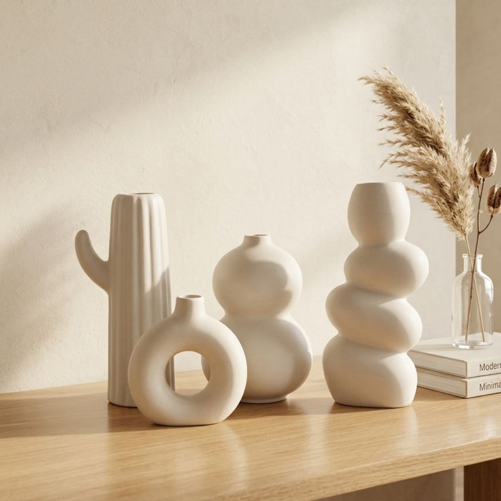 White Speckled Ceramic Vase Set | Donut, Bubble, Twisted &amp; Cactus | Set of 4