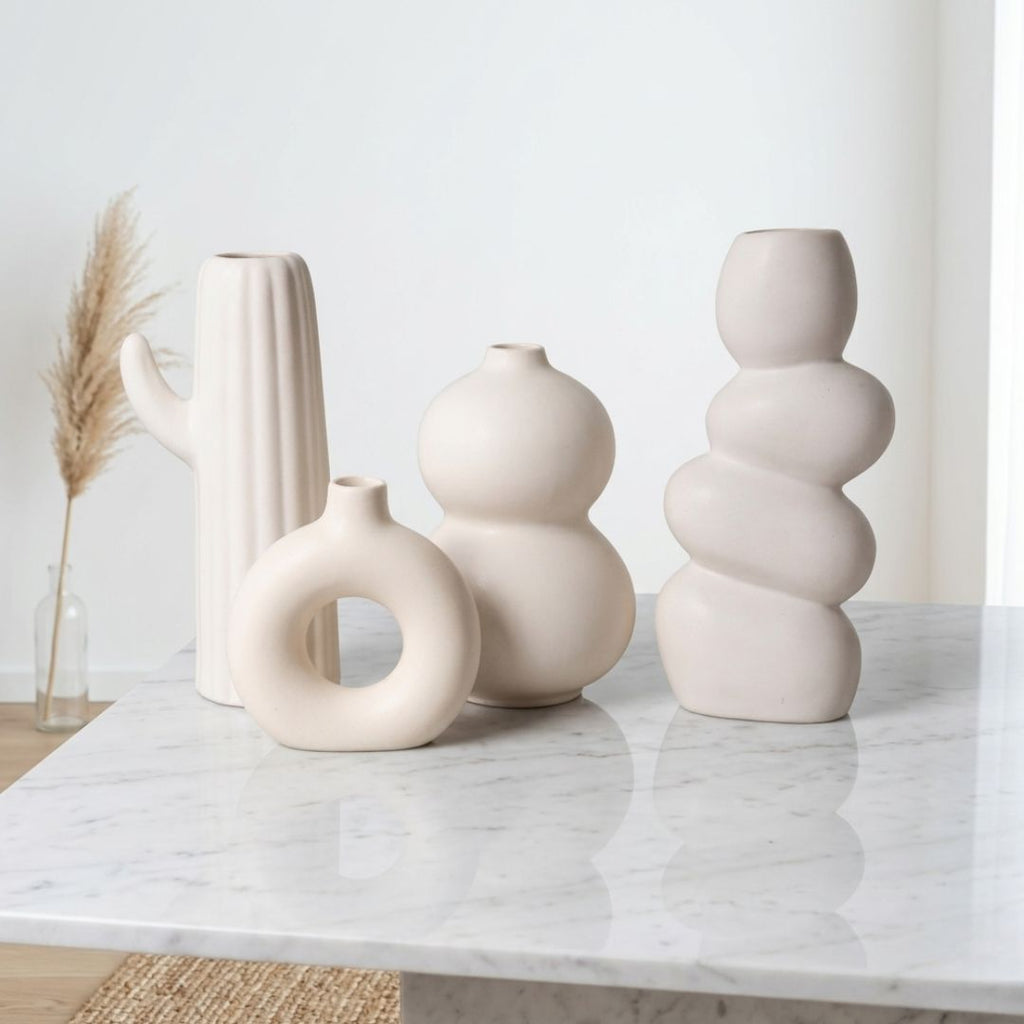 White Speckled Ceramic Vase Set | Donut, Bubble, Twisted &amp; Cactus | Set of 4