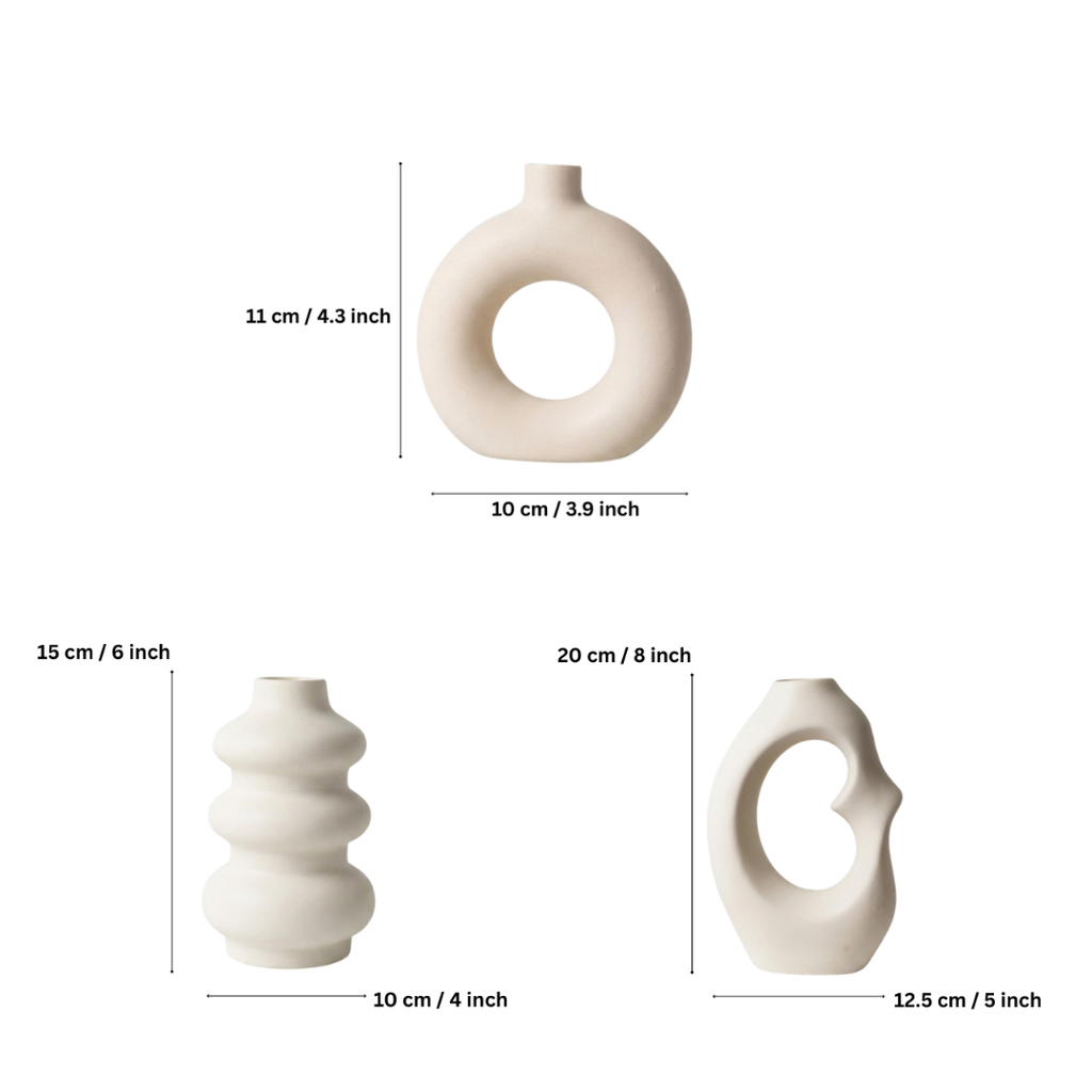 White Nordic Minimalist Ceramic Vase Set-Arch, Donut &amp; Bubble-Set of 3