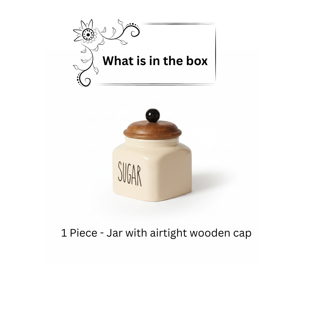 Ceramic Sugar Jar with Wooden Lid | 600ml | Airtight Kitchen Storage