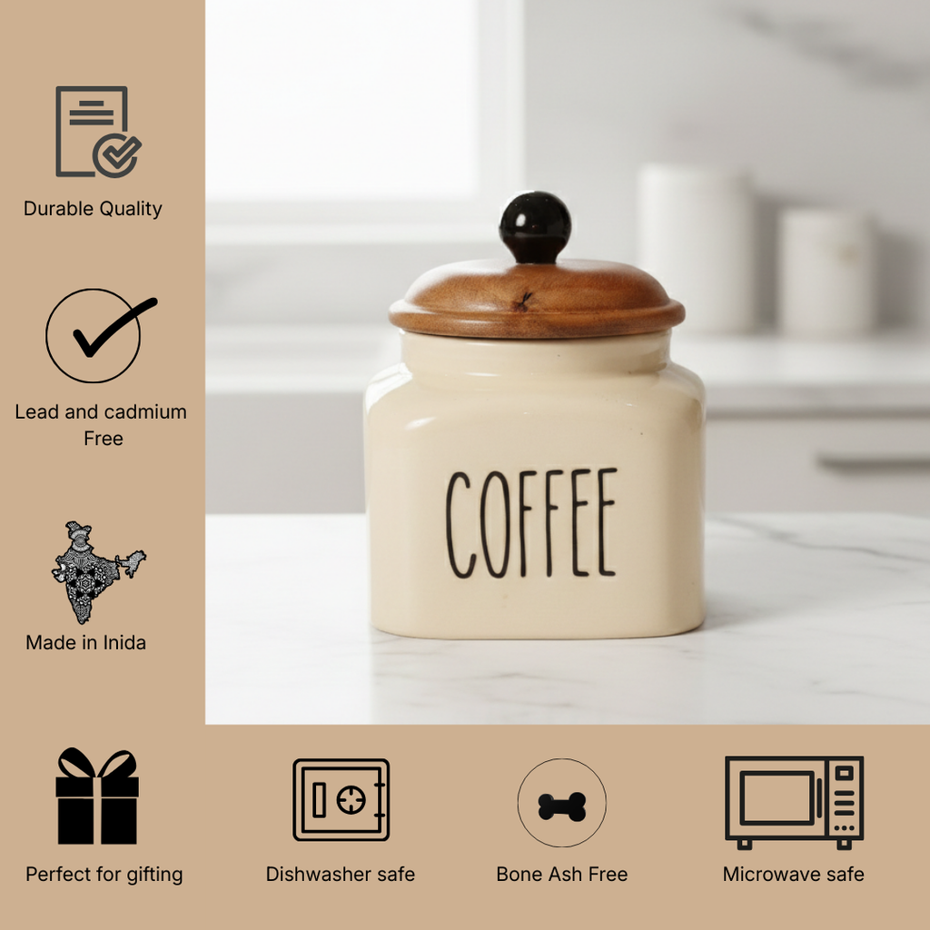 Ceramic Coffee Jar-600ml capacity and airtight wooden lid
