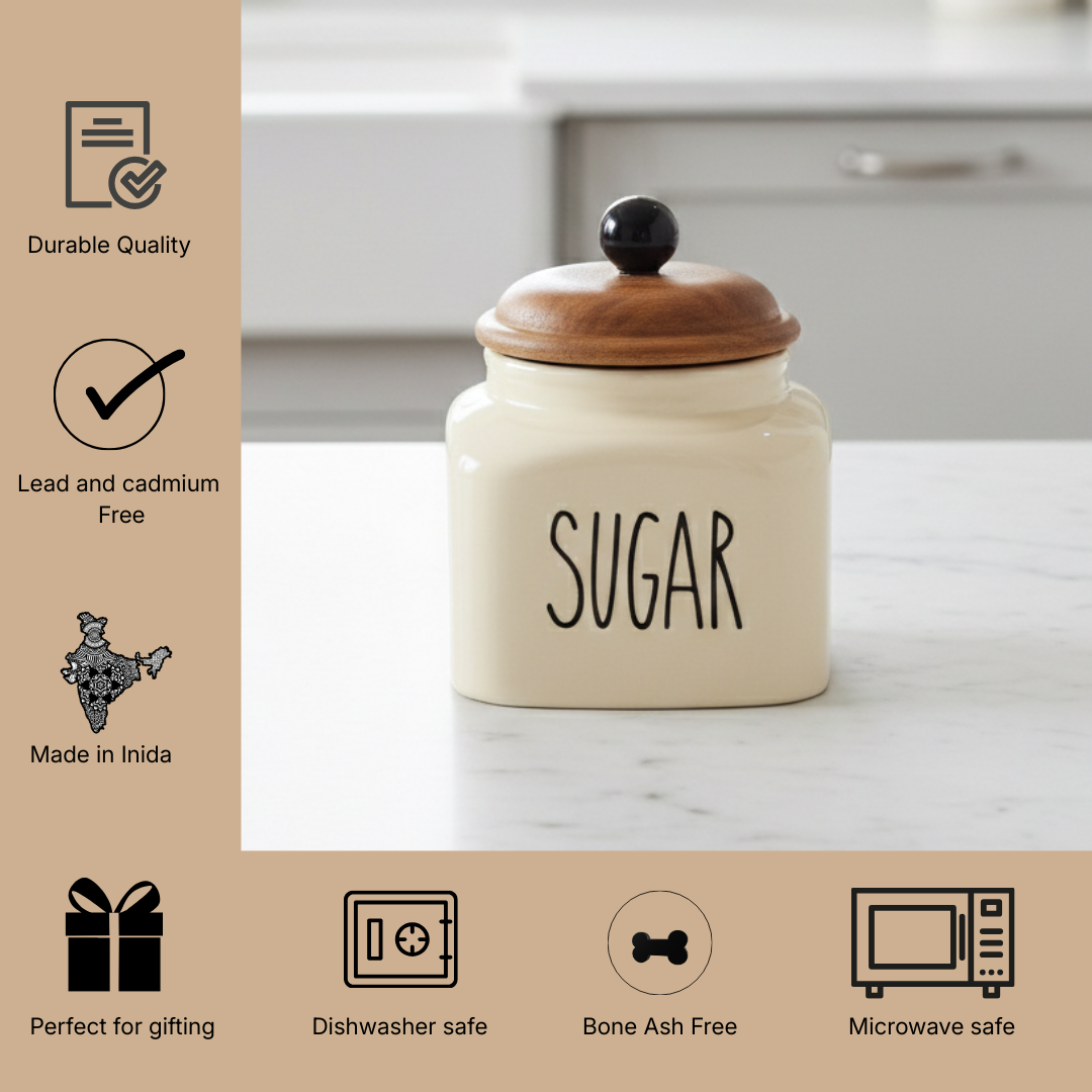 Ceramic Sugar Jar with Wooden Lid | 600ml | Airtight Kitchen Storage