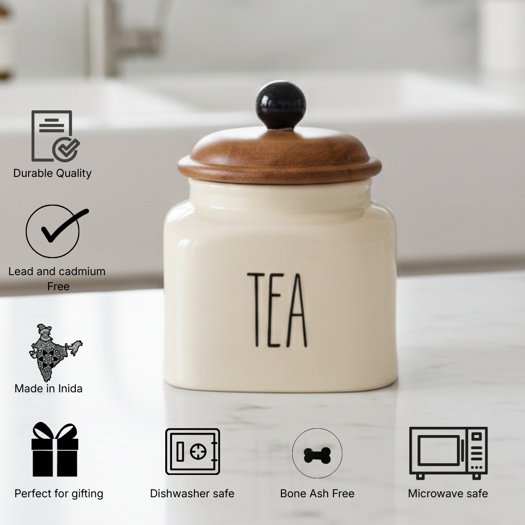 Ceramic Tea Jar Container Airtight Kitchen Storage– 600ml, Beige