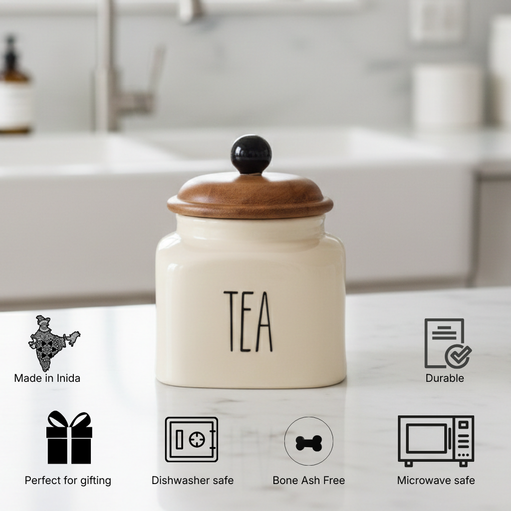 Ceramic Tea Jar Container Airtight Kitchen Storage– 600ml, Beige