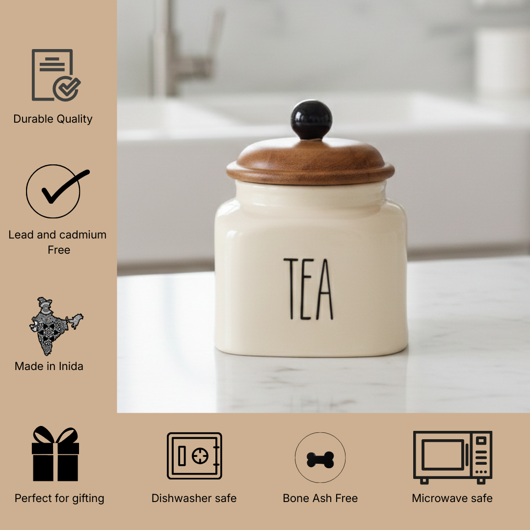 Ceramic Tea Jar Container Airtight Kitchen Storage– 600ml, Beige