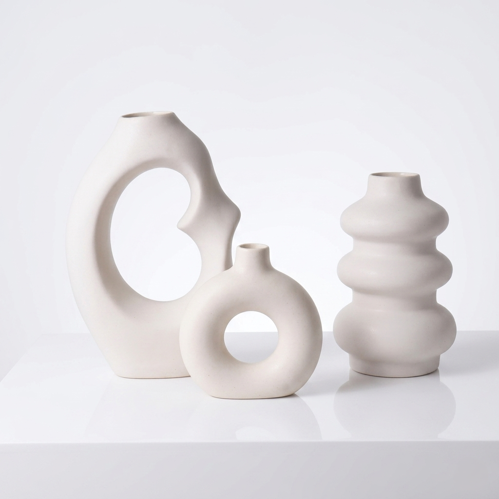 White Nordic Minimalist Ceramic Vase Set-Arch, Donut &amp; Bubble-Set of 3