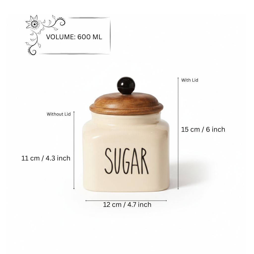 Ceramic Sugar Jar with Wooden Lid | 600ml | Airtight Kitchen Storage