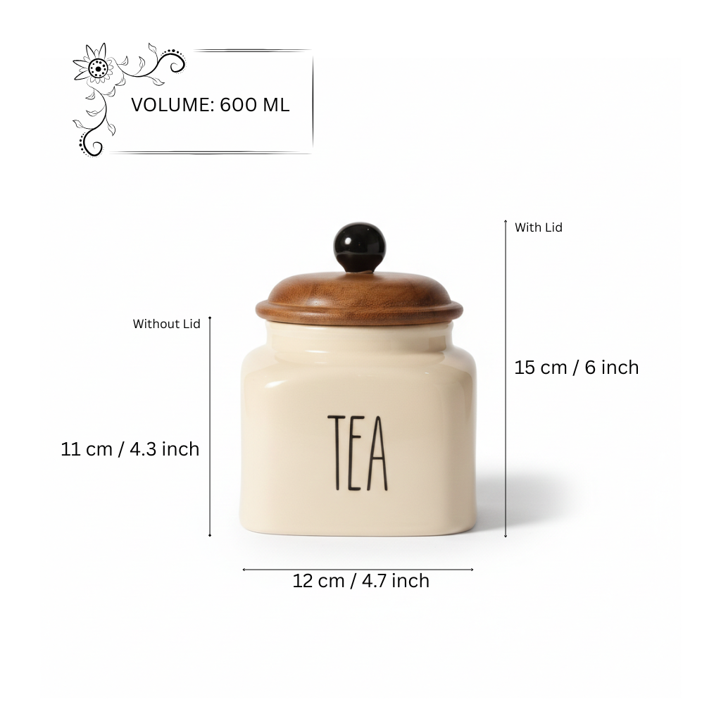 Ceramic Tea Jar Container Airtight Kitchen Storage– 600ml, Beige