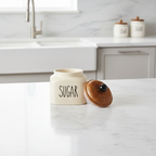 Ceramic Sugar Jar with Wooden Lid | 600ml | Airtight Kitchen Storage