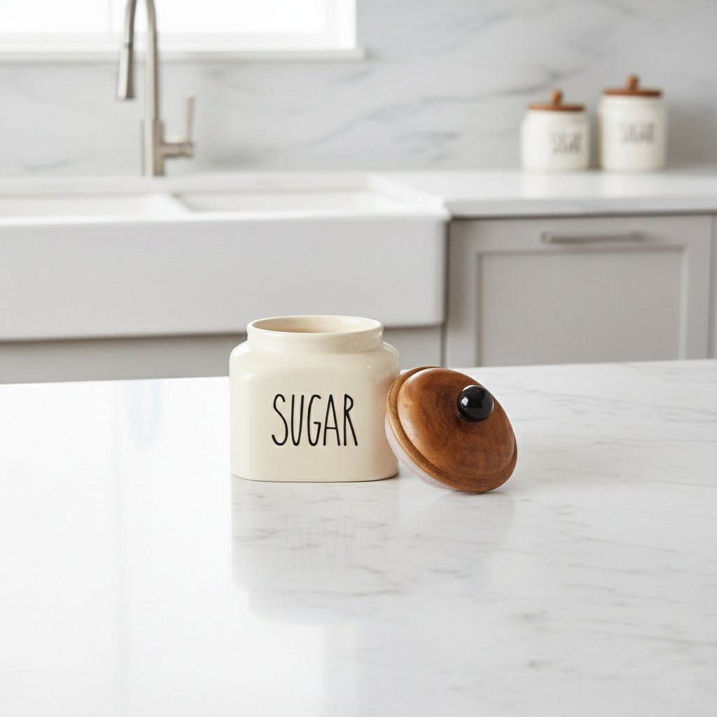 Ceramic Sugar Jar with Wooden Lid | 600ml | Airtight Kitchen Storage