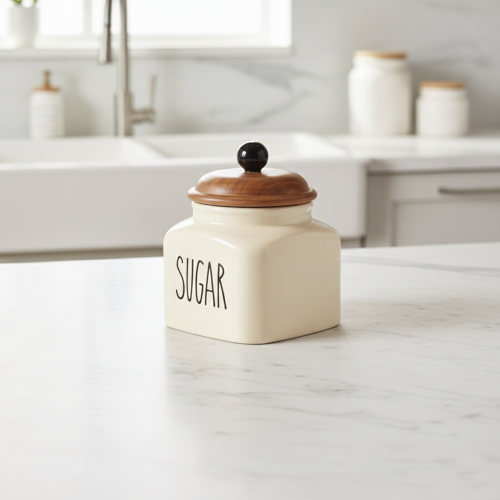 Ceramic Sugar Jar with Wooden Lid | 600ml | Airtight Kitchen Storage