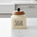Ceramic Sugar Jar with Wooden Lid | 600ml | Airtight Kitchen Storage