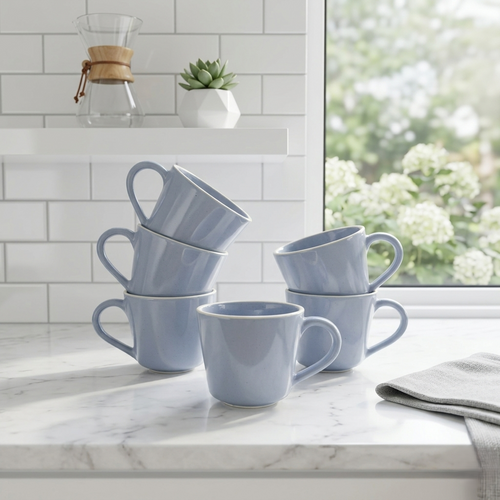 Blue Glossy Ceramic Mug Set of 6-200ml Fine Porcelain