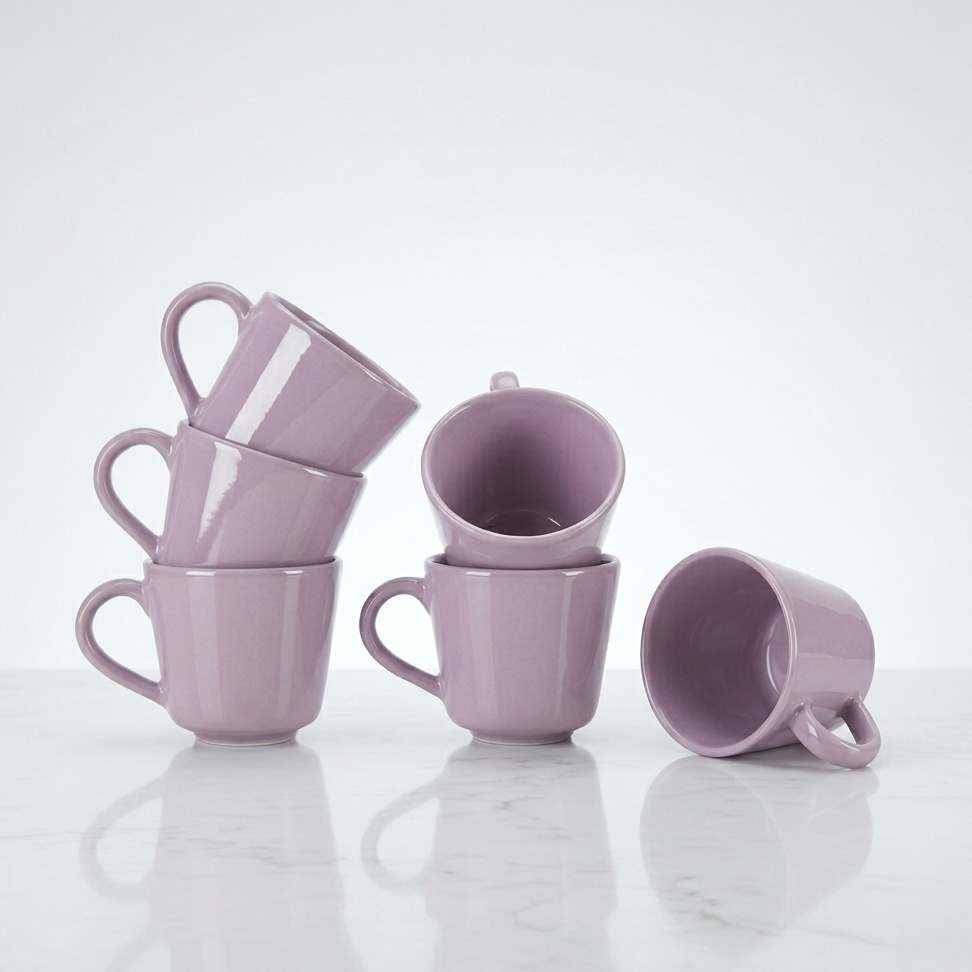 Lavender Glossy Ceramic Mug Set of 6, 200ml Fine Porcelain