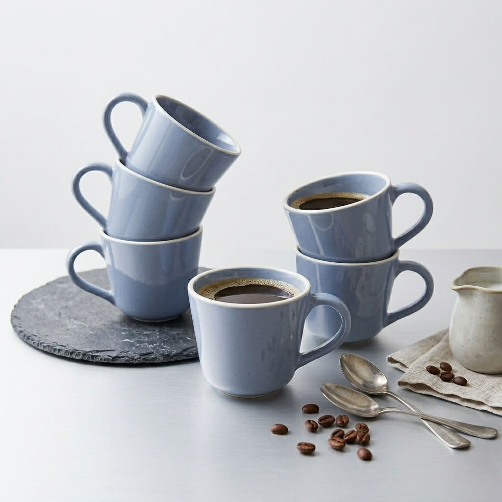 Blue Glossy Ceramic Mug Set of 6-200ml Fine Porcelain