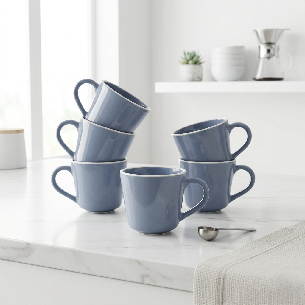 Blue Glossy Ceramic Mug Set of 6-200ml Fine Porcelain